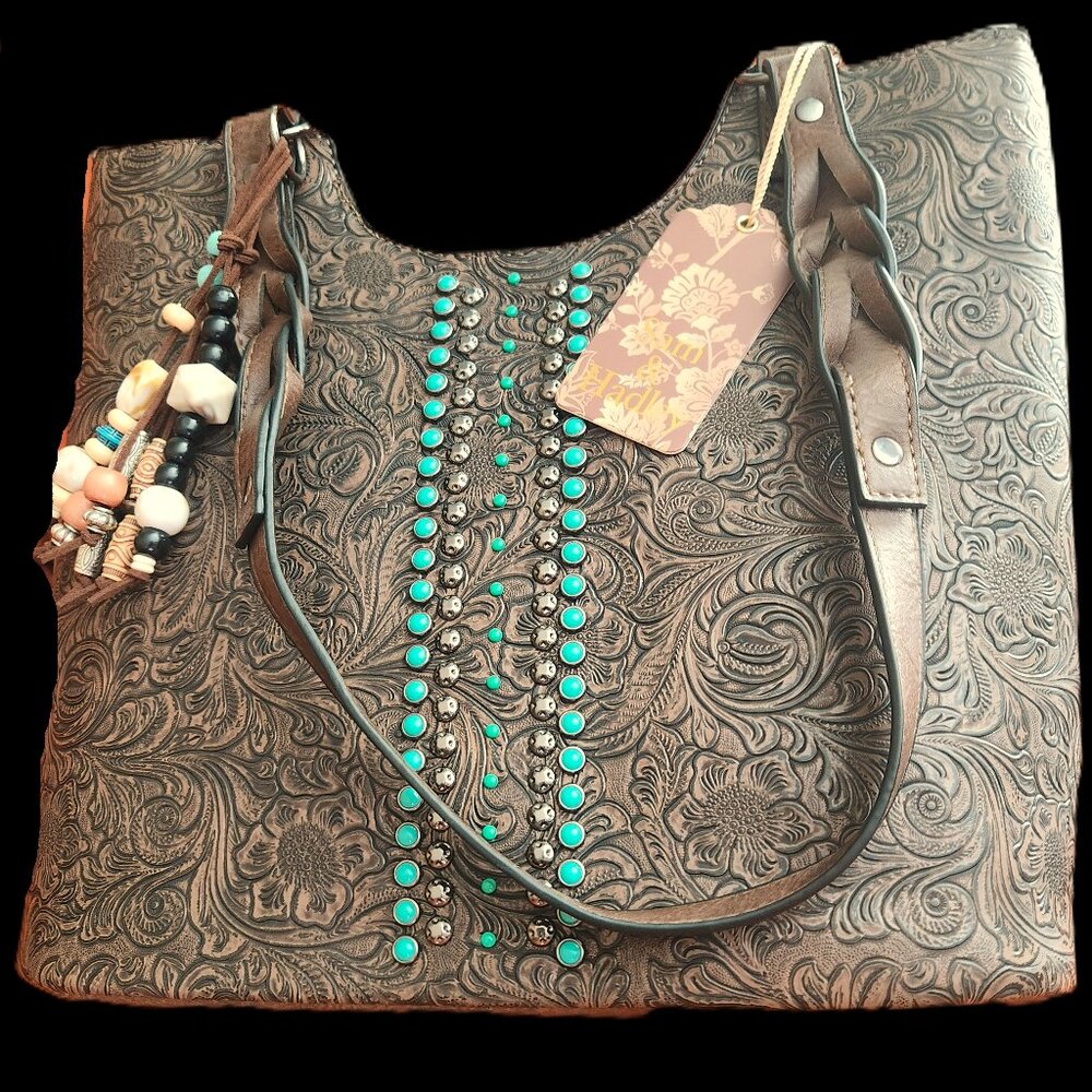 Sam & Hadley WESTERN Style Faux Leather Shoulder Bag w Green Stones/Studs NEW